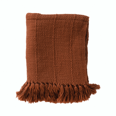 Rust Woven Wool and Acrylic Throw Blanket with Fringe