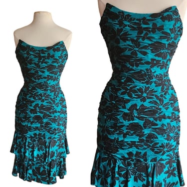 Vintage 80s Strapless Party Dress Teal Black Floral Print 