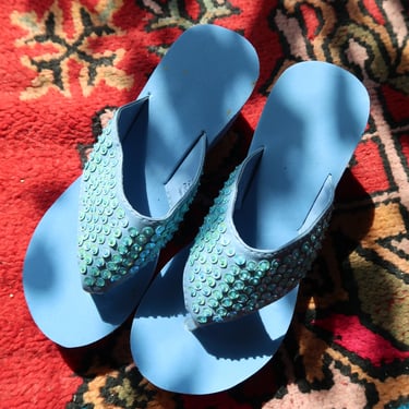 Deadstock Vintage Y2k Blue Sequin Platform Flip Flops - 2000s Beaded Sandals