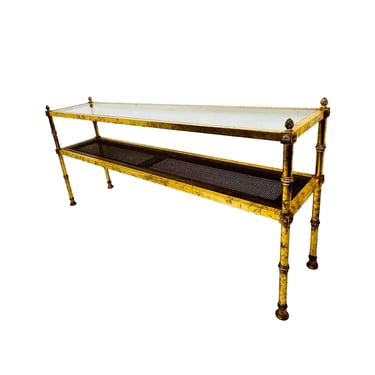 #1404 Gilded 2 Tier Cane &amp; Glass Console Table in the Style of Maison Jansen