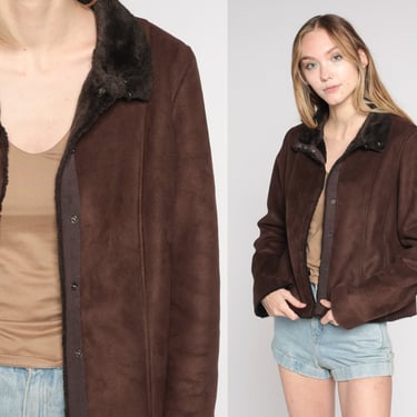 Calvin Klein Jacket Y2k Brown Faux Suede Jacket Faux Fur Lined Coat Snap Up Hippie Boho Short Fall Jacket Neutral Boho Vintage 00s Small S 