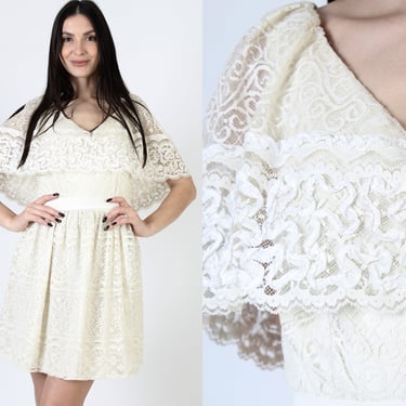 Ivory Prairie Wedding Mini Dress / Vintage 70s Sheer Floral Lace Bridal Gown / Simple Bridesmaids Capelet Tea Outfit 