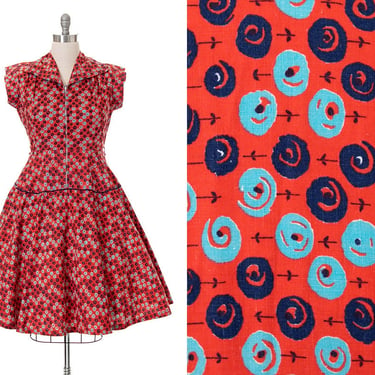 Vintage 1950s Dress | 50s MODE O' DAY Floral Printed Rhinestones Cotton Red Fit and Flare Zip Front Day Dress (large) 