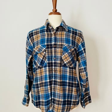 Vintage Sears Blue / Navy / Brown Plaid Flannel Button Up Shirt / Unisex / FREE SHIPPING 