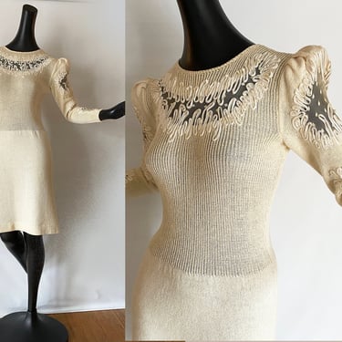 Vintage 70s 80s Lillie Rubin Dress | Sweater Knit with "Tape on Tulle" Embroidery | Hippie Boho Mod Party Mini | Cream Winter White | Small 