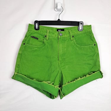 Vintage 90s Lime Green High Rise Denim Shorts, Size 30 Waist 