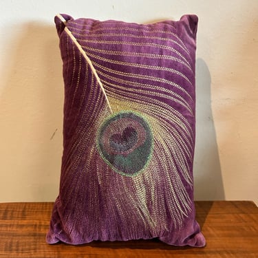 Peacock Feathered Purple Velvet Throw Pillow