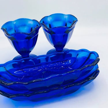 Vintage Pretty set of (4) Cobalt Blue Glass Sundae Ice cream Bowl with scalloped edges-marked Anchor Hocking-4