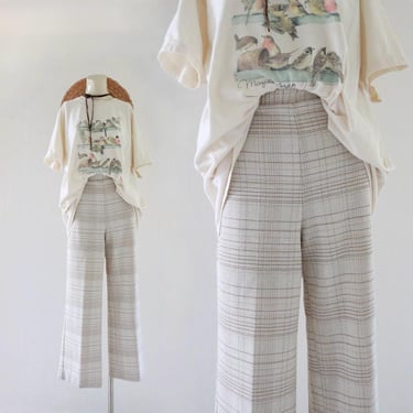 70's woven plaid trousers - 30-32 - vintage womens 60s 70s high waist beige brown hippie boho neutral earth tones straight leg medium pants 