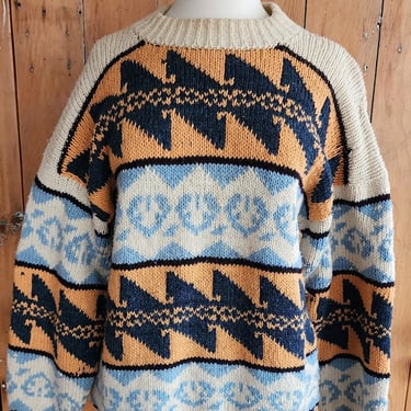Vintage 80s Wool Ski Sweater Cream Orange Blue Pattern Passports 