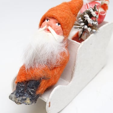 Antique 1930's German Santa in Sleigh with Sisal Christmas Tree & Chenille Cane, Vintage Retro Decor, Germany 