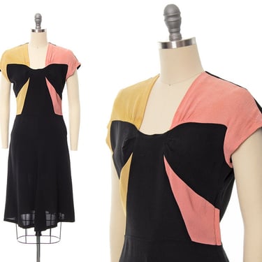 Vintage 1940s Dress | 40s Color Block Bow Rayon Crepe Fit and Flare Black Cocktail Formal Evening Dress (small) 