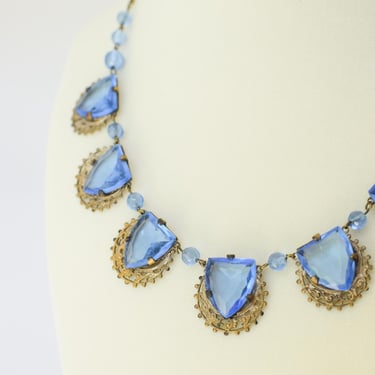 Antique Czech Glass and Brass Necklace | Blue Drops 