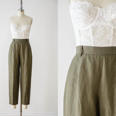 high waisted pants | 80s 90s vintage Eddie Bauer olive green linen academia style pleated cropped trousers 