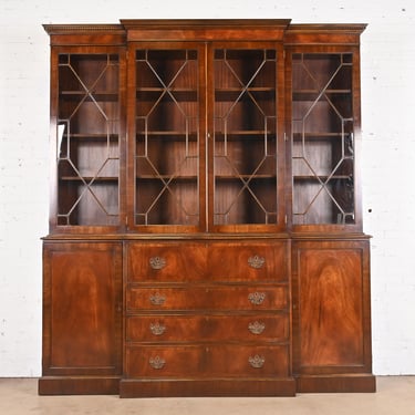 Trosby Furniture Georgian Carved Flame Mahogany Breakfront Bookcase Cabinet With Secretary Desk