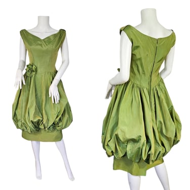 Emma Domb 1950's Iridescent Green Silk Taffeta Bubble Skirt Dress I Sz Med 