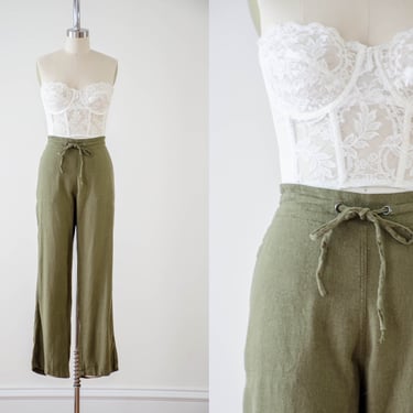 green linen pants | 90s y2k plus size vintage dark olive green elastic drawstring waist loose baggy wide leg lounge pants 