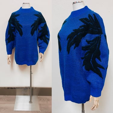 1980s Sparkly Royal Blue w Big Black Palm Leaf Design Knit Pullover Sweater | Vintage, Retro, Funky 
