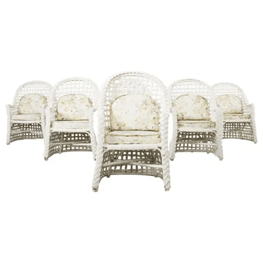 Set of Six Painted Wicker Rattan Garden Dining Armchairs
