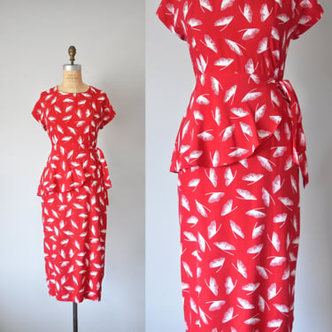 Marnie rayon peplum midi dress, novelty print feathers red dress,  plus size vintage dress, 90s, red and white 
