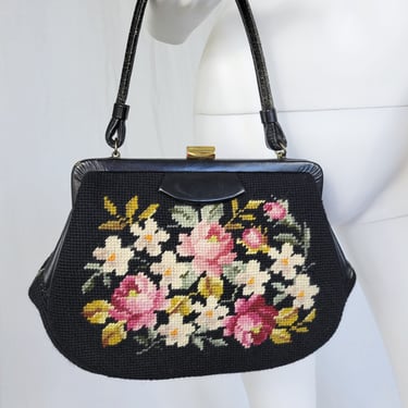 1950's Black Floral Needlepoint Tapestry Bag I Purse I Leather Trim I Handles 