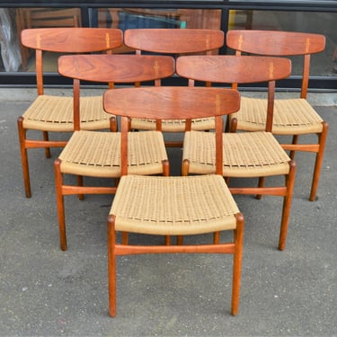 Set 6 Restored Hans Wegner Teak & Oak CH23 Dining Chairs w/ Papercord Seats