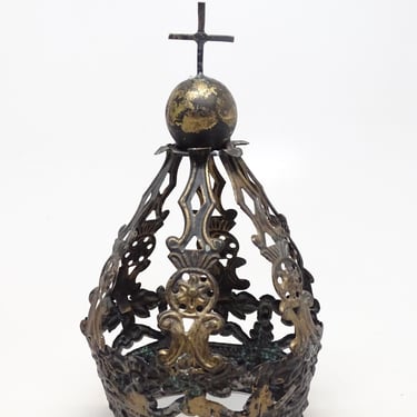 Antique 1800's Etched Brass Spanish Colonial Santos Crown, Vintage Cross on Orb, Religious Church Saint Halo 