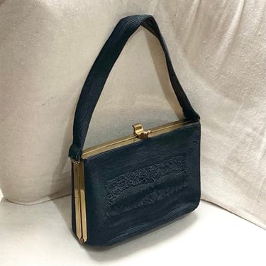 Vintage 40s 50s CORDE Purse Handbag / Black + Gold Tone Frame / Chunky Gold Clasp / 9 x 5 