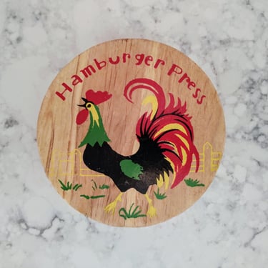 Vintage MCM Wooden Hamburger Press with Rooster Art Kitchen Décor 