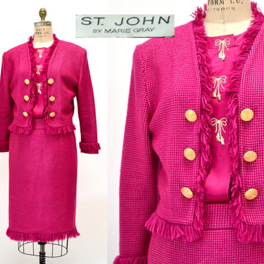 90s Vintage Pink Gold Wool Suit Skirt Jacket Medium By St John// Pink Gold Plaid Suit Jacket Skirt Wool Pink Fringe Suit Barbie Costume Suit 