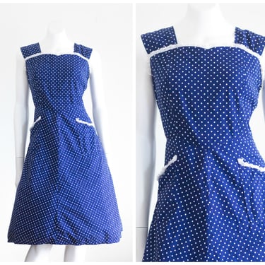1950s blue with white polka dot day dress with eyelet lace trim 