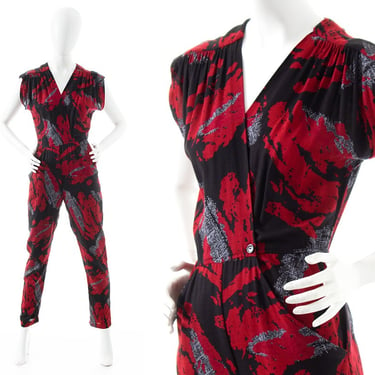 Vintage 1980s Jumpsuit | 80s Abstract Printed Rayon Red Black Wrap Jumpsuit with Pockets (medium) 