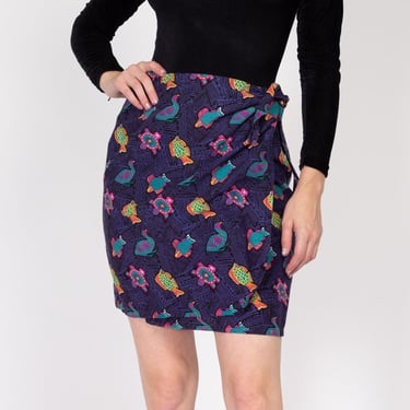 Med-Lrg 90s Tropical Fish & Turtle Print Mini Skirt | Vintage High Waisted Purple Batik Wrap Skirt 