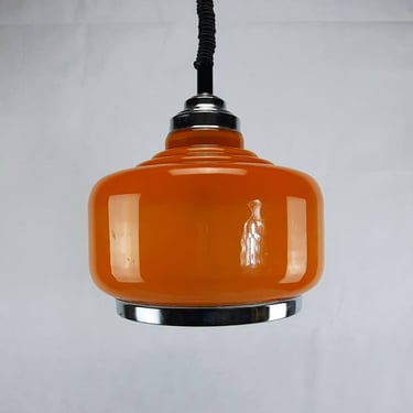 Space Age Opaline Glass Pendant Lamp, Orange Glass Pendant Lamp, MCM Ceiling Lamp, Yugoslavia 1970's, Orange Cased Glass, Mid Century 