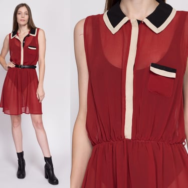 Y2K Sheer Rust Red Color Block Mini Dress - Extra Large | Vintage Sleeveless Collared Button Up Shirtdress 
