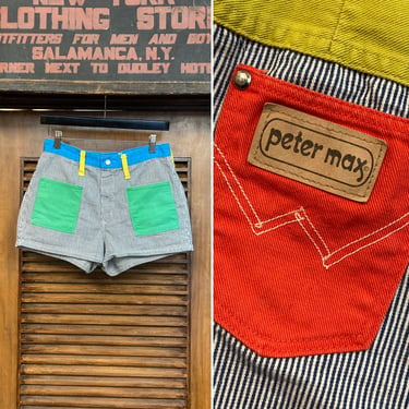 Vintage 1960’s Peter Max Pop Art Shorts Mod Denim, 60’s Denim Shorts, 60’s Mod Style, Vintage Wranglers, Vintage Shorts, Vintage Clothing 