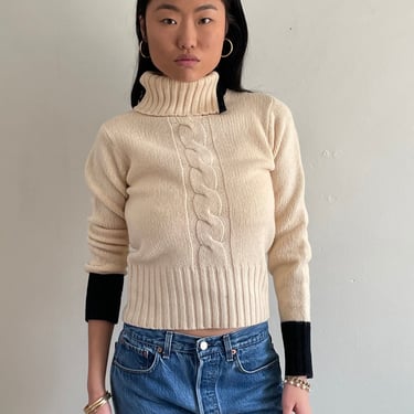 90s DKNY cropped turtleneck sweater / vintage creamy white contrast trim high neck soft lambswool capsule wardrobe turtleneck sweater | S 