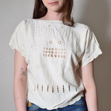 Vintage 1980s Cream EMBROIDERY Cut Work Minimalist BALI Resort Dolman Cropped BIRKIN Blouse S 