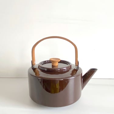 Vintage Mid Century Modern Enameled Brown Metal and Wood Tea Kettle Teapot COPCO Michael Lax Design SPAIN 20th Century Design MCM 