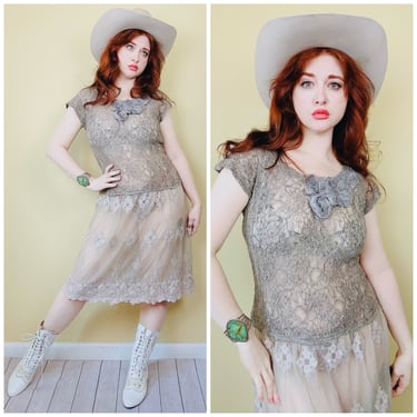 1990s Pat Jones Taupe Lace Grunge Dress / 90s Fairy Core Brown Sheer Dropped Waist 3D Flower Dress / Size Medium 