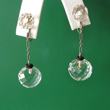 Vintage Art Deco Era 14K White Gold Faceted Crystal Dangling Ball Screwback Earrings 