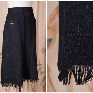 1950s Skirt - Chic Wool Tweed Flecked 50s in Black and Pink with Raveled Fringe Hem 