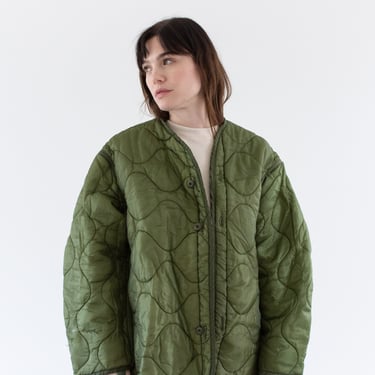 Vintage Green Liner Jacket | Unisex Wavy Quilted Nylon Coat | L XL | LI265 