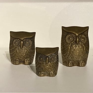 Family of 3 vintage brass owls 