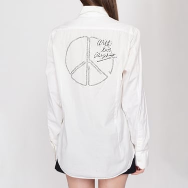 Med-Lrg Love Moschino Peace Sign Men's Collared Shirt | Y2K White Button Up Long Sleeve Designer Top 