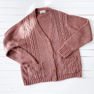 grandpa sweater | 70s 80s vintage pink brown chunky oversized cable knit cardigan 