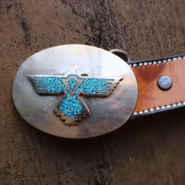 Tooled Leather Belt / 70's Eagle Belt Buckle /  Vintage Size 38 Southwest Belt 
