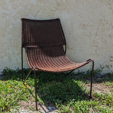 Vintage Modern  Frederick Weinberg Style Wicker and Iron Swoop Sling Lounge Chair 