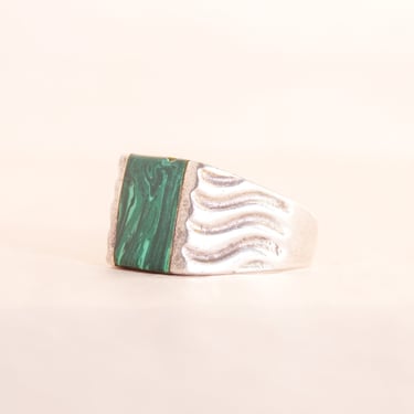 Malachite Sterling Silver Signet Ring, Wavy Groove Decoration, Vintage Men's Jewelry, Size 11 US 