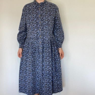 Vintage 90s Eddie Bauer Blue Floral Folk Cotton Midi Dress Modest Cottagecore 